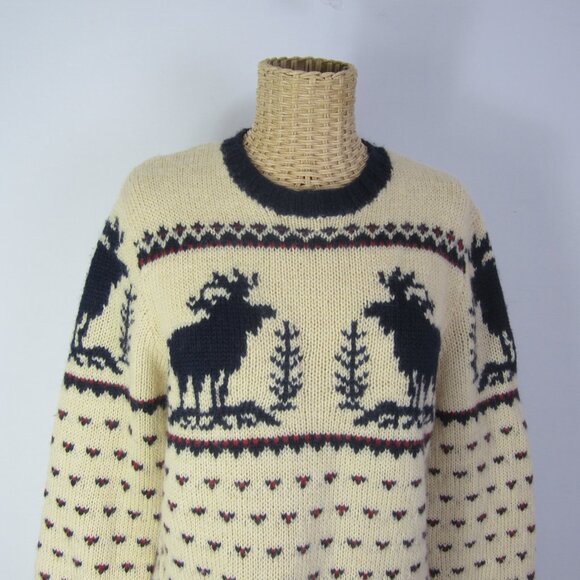J Crew Womens Small Ivory Red Navy Reindeer Wool LS Sweater Crew Neck Hand Knit - Picture 6 of 11